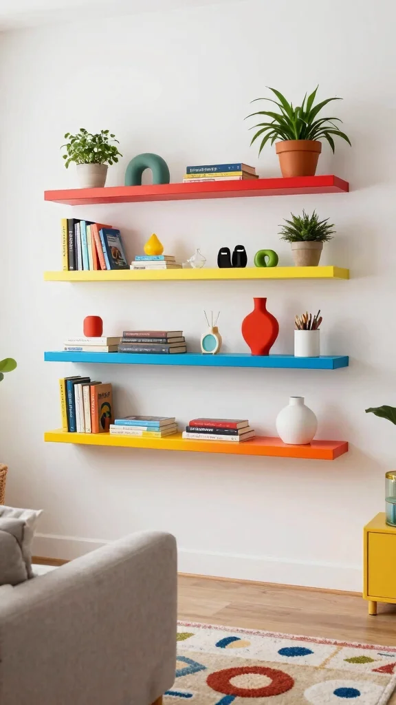 13 Shelf Ideas for the Living Room for Every Style and Wall - 12. Colorful Painted Shelves 1