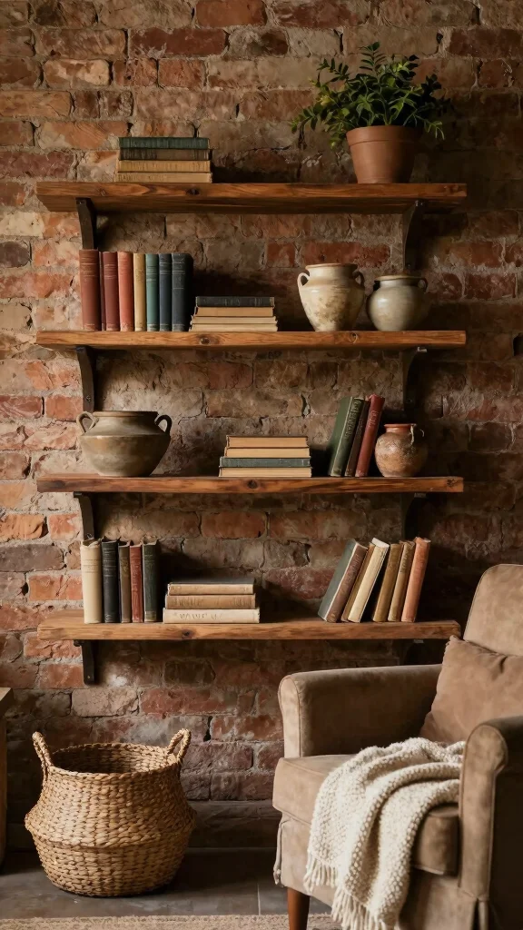 13 Shelf Ideas for the Living Room for Every Style and Wall - 2. Rustic Wood Shelving 1