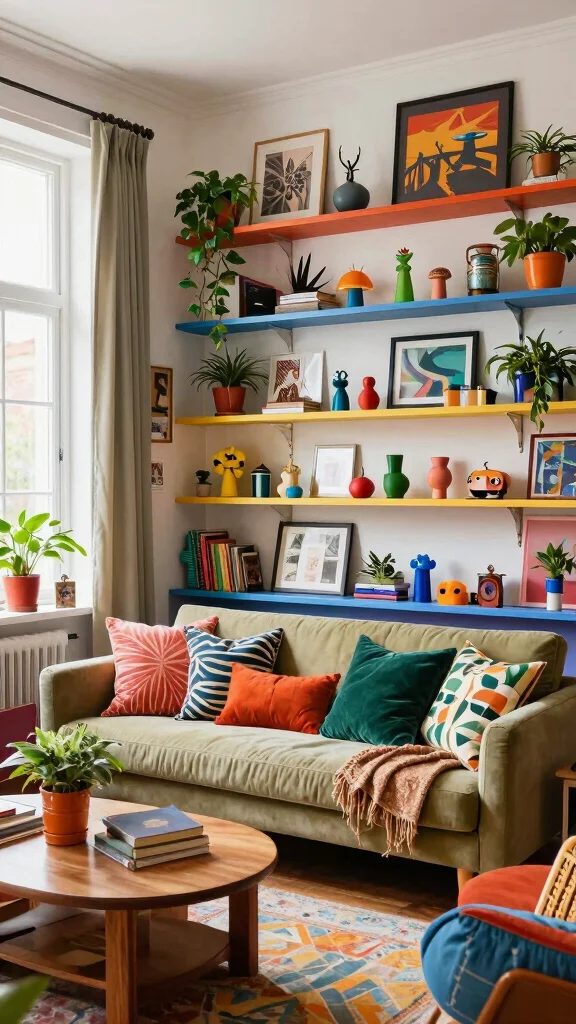 13 Shelf Ideas for the Living Room for Every Style and Wall - 3. Eclectic Gallery Shelves 1