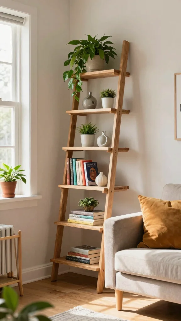 13 Shelf Ideas for the Living Room for Every Style and Wall - 5. Ladder Shelves 1
