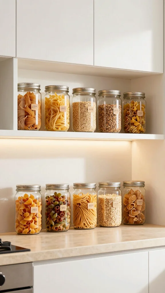 13 Under-Cabinet Kitchen Shelf Ideas for Extra Storage and Display - 7. Glass Jars for Storage and Display 1