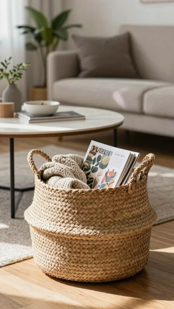 13 Under Coffee Table Basket Ideas for a Styled Functional Living Room - 1. Woven Texture for a Warm Feel 1