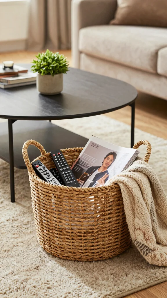 13 Under Coffee Table Basket Ideas for a Styled Functional Living Room - 11. Baskets for Organizing Remotes and Miscellaneous Items 1