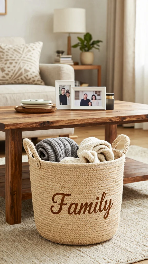 13 Under Coffee Table Basket Ideas for a Styled Functional Living Room - 13. Customized Baskets for Personal Touch 1