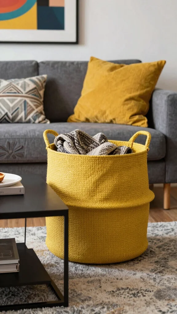 13 Under Coffee Table Basket Ideas for a Styled Functional Living Room - 4. Chic Baskets in Bold Colors 1