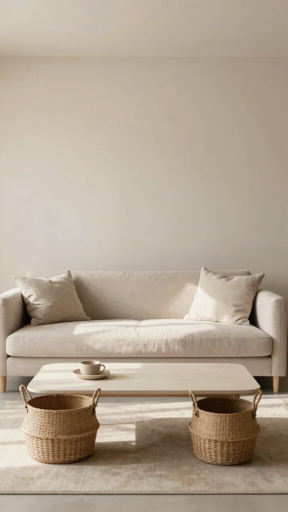 13 Under Coffee Table Basket Ideas for a Styled Functional Living Room - 5. Minimalistic Design with Neutral Baskets 1