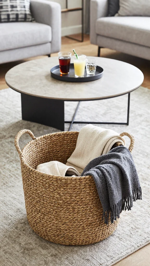 13 Under Coffee Table Basket Ideas for a Styled Functional Living Room - 6. Multi-Functional Baskets 1