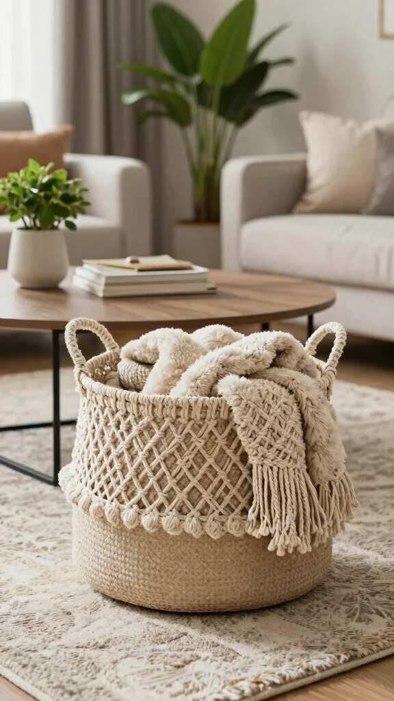 13 Under Coffee Table Basket Ideas for a Styled Functional Living Room - 9. Textured Baskets as Art Pieces 1