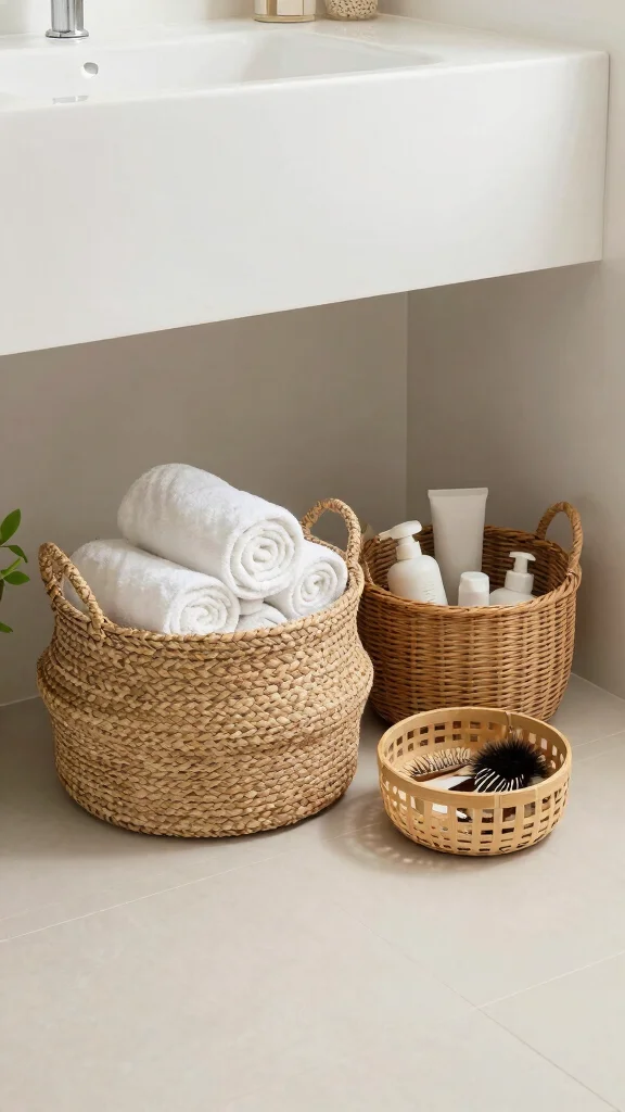 13 Under Floating Vanity Basket Ideas for a Minimal Organized Bathroom - 1. Woven Baskets for a Natural Touch 1
