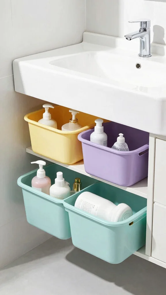 13 Under Floating Vanity Basket Ideas for a Minimal Organized Bathroom - 10. Easy Clean Plastic Baskets for the Busy Home 1