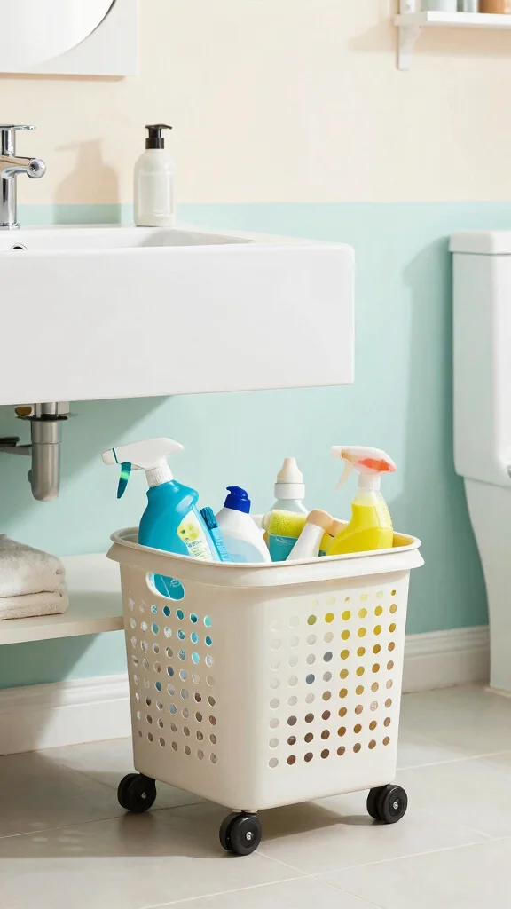 13 Under Floating Vanity Basket Ideas for a Minimal Organized Bathroom - 11. Baskets with Wheels for Ultimate Mobility 1