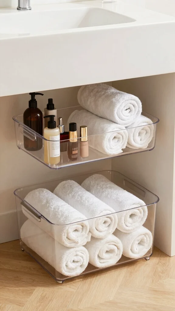 13 Under Floating Vanity Basket Ideas for a Minimal Organized Bathroom - 2. Transparent Bins for a Clean Look 1