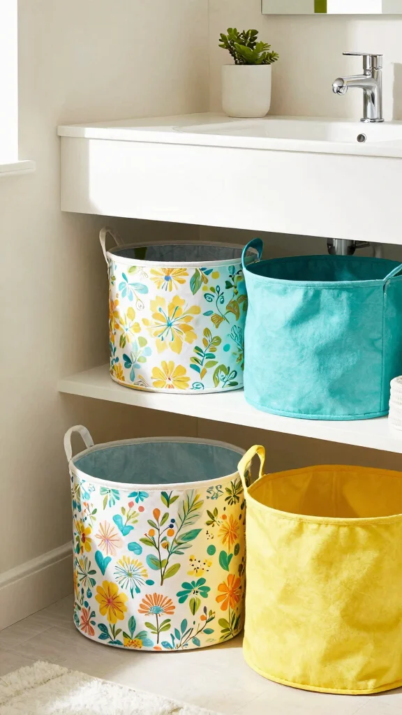 13 Under Floating Vanity Basket Ideas for a Minimal Organized Bathroom - 3. Colorful Fabric Baskets to Brighten Up 1