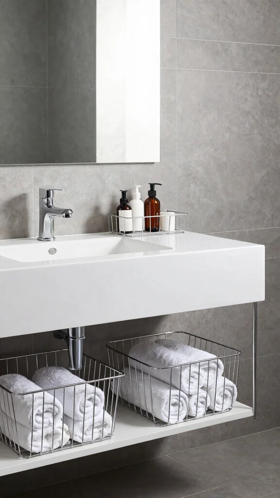 13 Under Floating Vanity Basket Ideas for a Minimal Organized Bathroom - 4. Modern Metal Baskets for an Industrial Touch 1