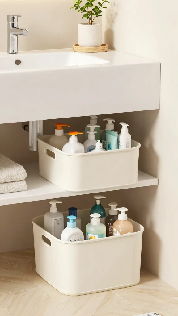 13 Under Floating Vanity Basket Ideas for a Minimal Organized Bathroom - 5. Stackable Baskets for Smart Space Management 1