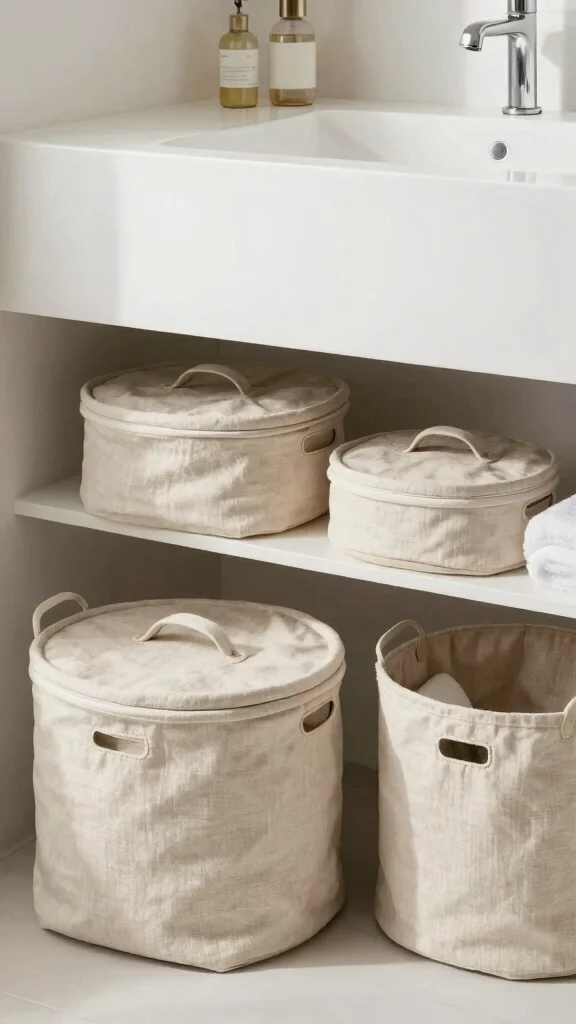 13 Under Floating Vanity Basket Ideas for a Minimal Organized Bathroom - 7. Decorative Baskets with Lids for a Sleek Finish 1