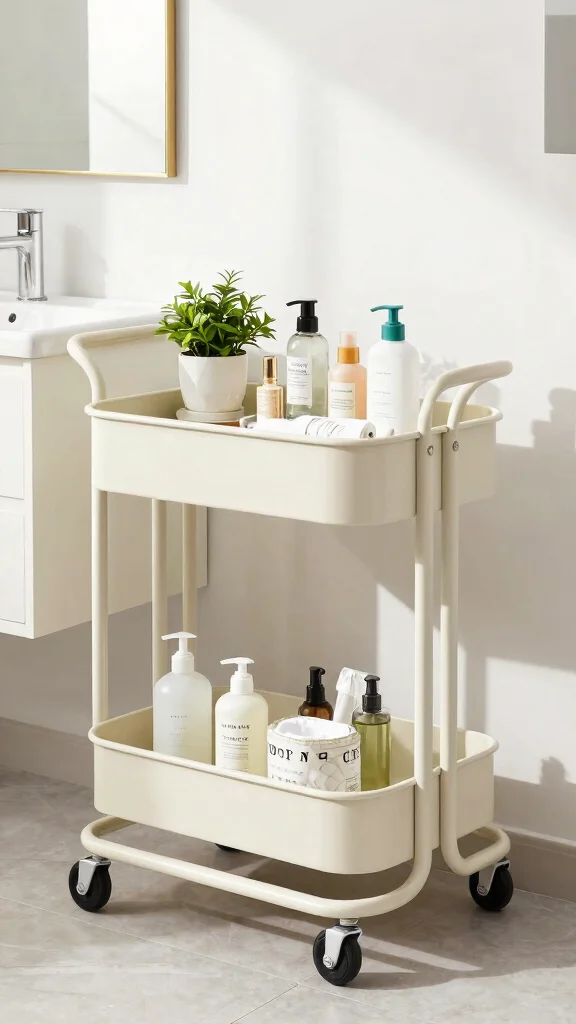13 Under-Mirror Bathroom Shelf Ideas for Countertop and Wall Storage - 12. Stylish Carts for Movable Storage 1