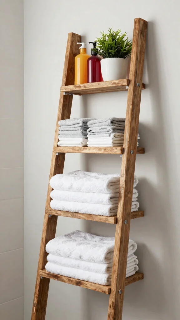 13 Under-Mirror Bathroom Shelf Ideas for Countertop and Wall Storage - 2. Ladder Shelf for a Touch of Rustic 1