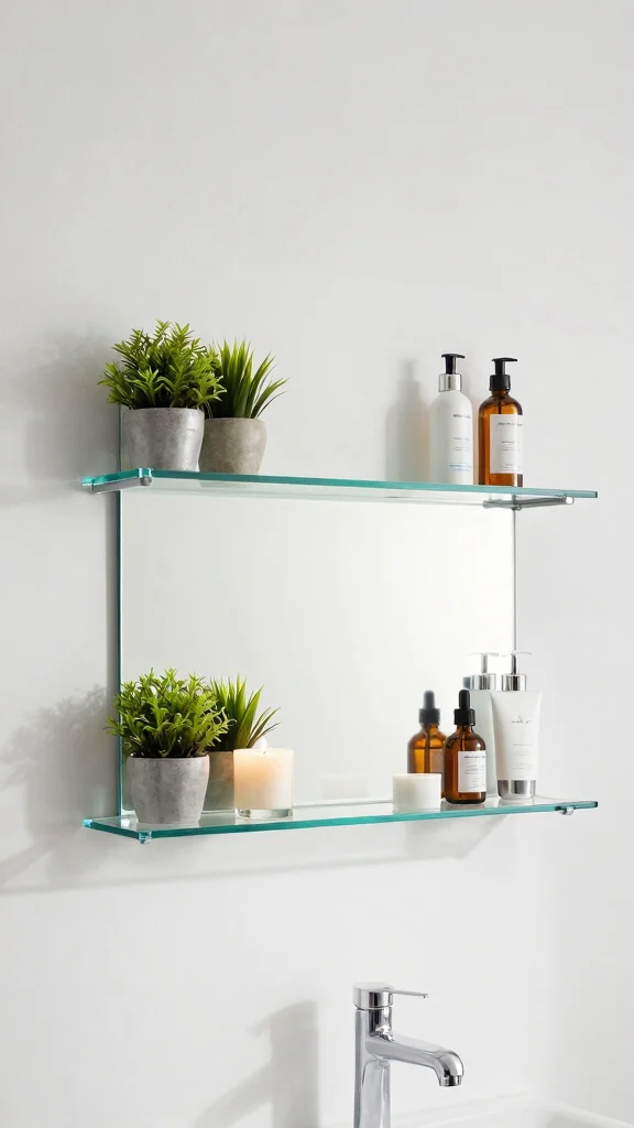 13 Under-Mirror Bathroom Shelf Ideas for Countertop and Wall Storage - 3. Glass Shelving for an Airy Feel 1