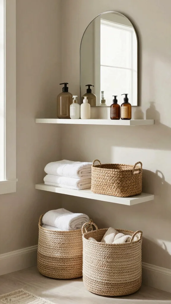 13 Under-Mirror Bathroom Shelf Ideas for Countertop and Wall Storage - 4. Basket Storage for a Cozy Touch 1