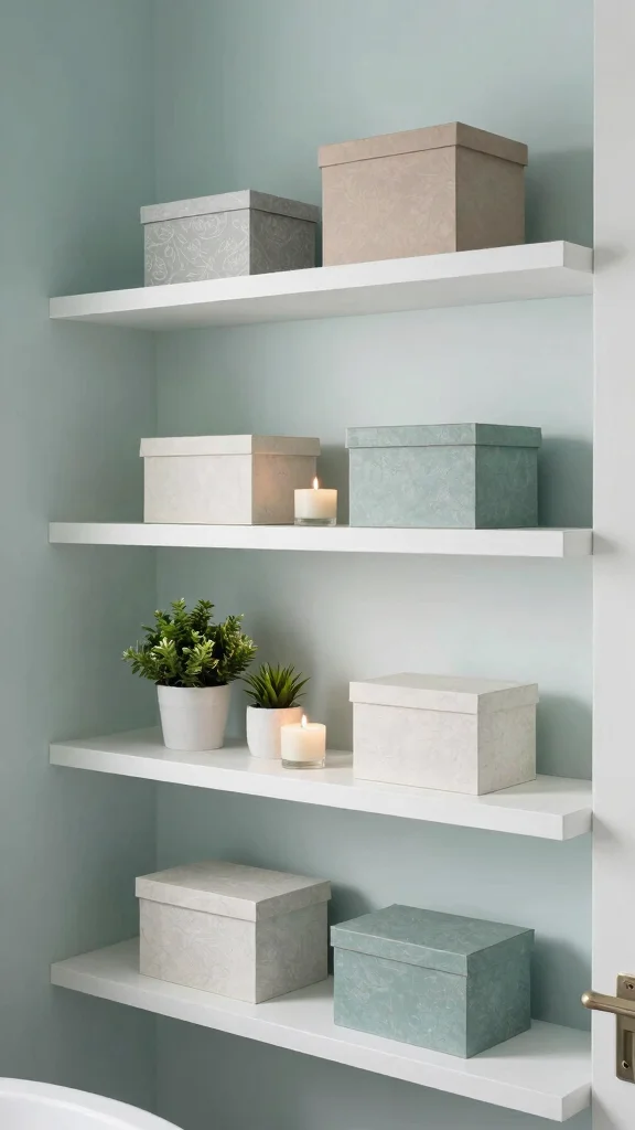 13 Under-Mirror Bathroom Shelf Ideas for Countertop and Wall Storage - 5. Open Shelves with Decorative Boxes 1