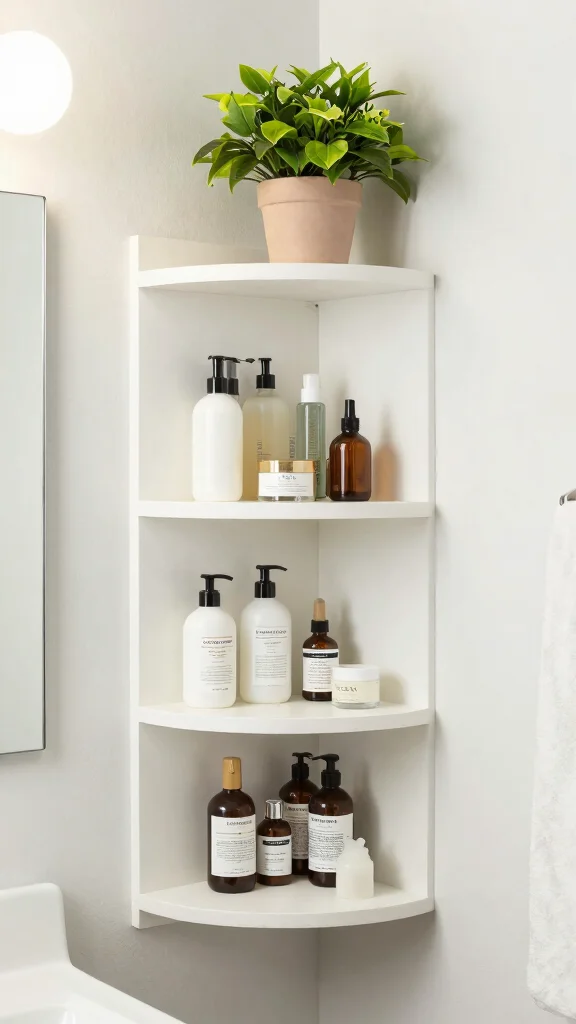 13 Under-Mirror Bathroom Shelf Ideas for Countertop and Wall Storage - 7. Corner Shelves for Small Spaces 1
