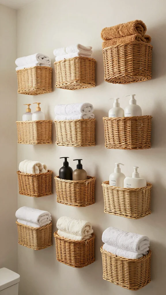 13 Under-Mirror Bathroom Shelf Ideas for Countertop and Wall Storage - 9. Wall-Mounted Baskets for Efficient Use of Space 1