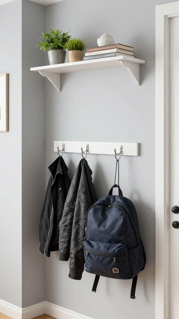 13 Wall Clothes Hanger Ideas for Bedroom Entryway and Hallway - 6. Floating Shelves with Hooks 1