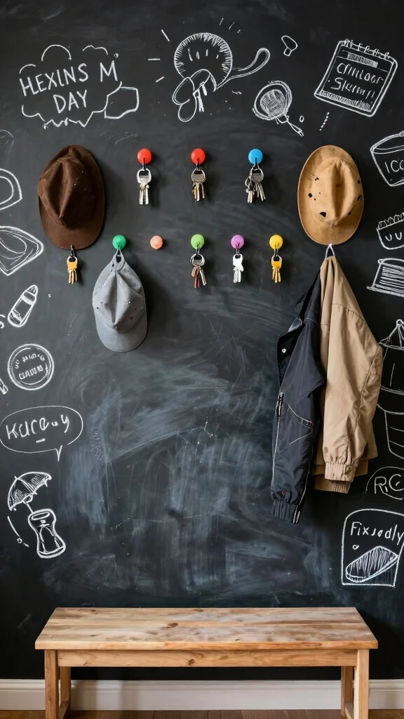 13 Wall Clothes Hanger Ideas for Bedroom Entryway and Hallway - 9. Magnetic Hooks on a Chalkboard 1