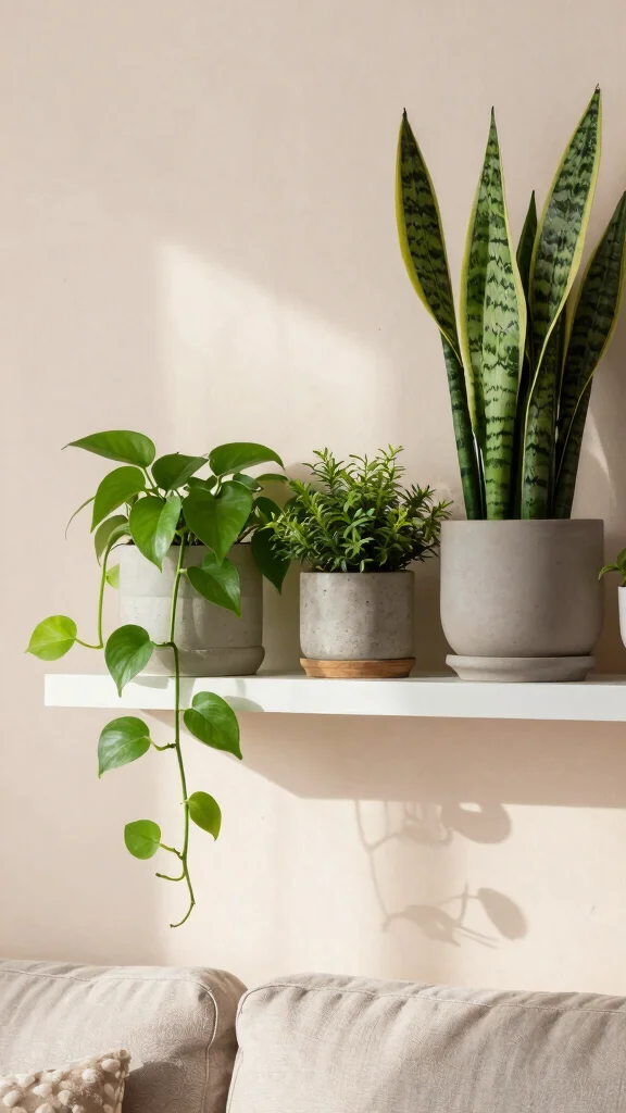 14 Above-Couch Shelf Ideas for a Balanced Beautiful Living Room Wall - 1. Floating Shelves with Greenery 1