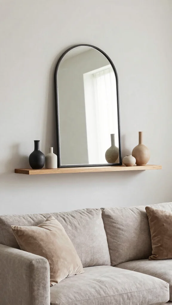 14 Above-Couch Shelf Ideas for a Balanced Beautiful Living Room Wall - 10. Floating Shelf with Mirrors 1
