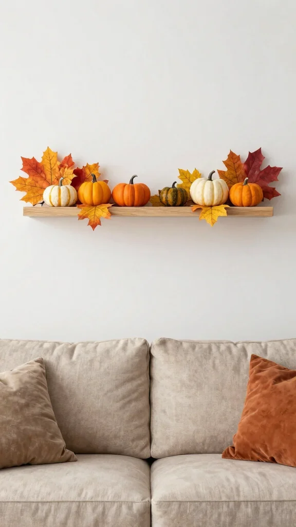 14 Above-Couch Shelf Ideas for a Balanced Beautiful Living Room Wall - 11. Seasonal Rotating Shelves 1