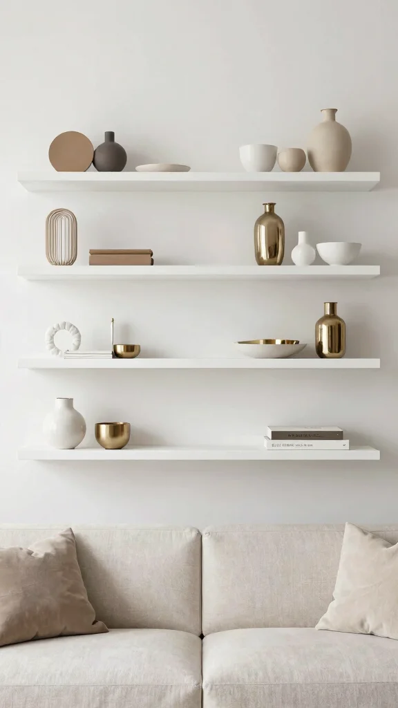 14 Above-Couch Shelf Ideas for a Balanced Beautiful Living Room Wall - 13. Elegant White Shelves 1