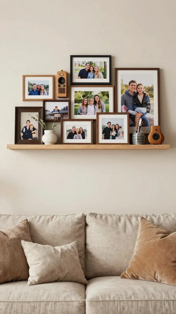 14 Above-Couch Shelf Ideas for a Balanced Beautiful Living Room Wall - 14. Personalized Shelf Displays 1