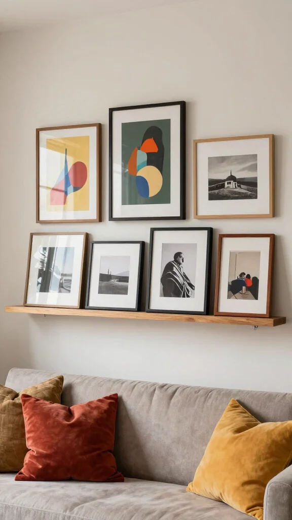 14 Above-Couch Shelf Ideas for a Balanced Beautiful Living Room Wall - 2. Artful Shelf Displays 1
