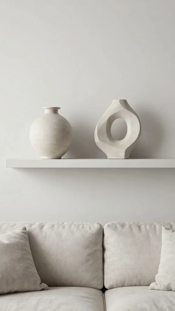 14 Above-Couch Shelf Ideas for a Balanced Beautiful Living Room Wall - 3. Minimalist Shelf with Statement Pieces 1