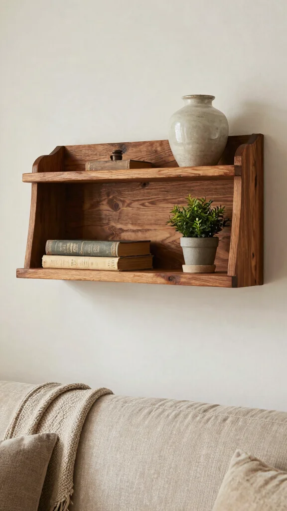 14 Above-Couch Shelf Ideas for a Balanced Beautiful Living Room Wall - 4. Rustic Wooden Shelves 1