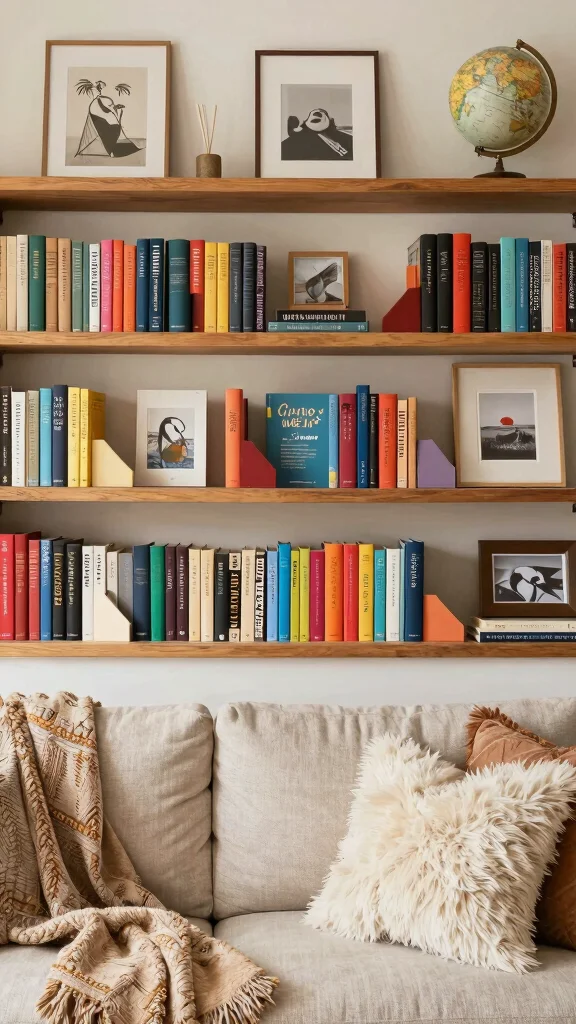14 Above-Couch Shelf Ideas for a Balanced Beautiful Living Room Wall - 5. Bookshelves Above the Couch 1
