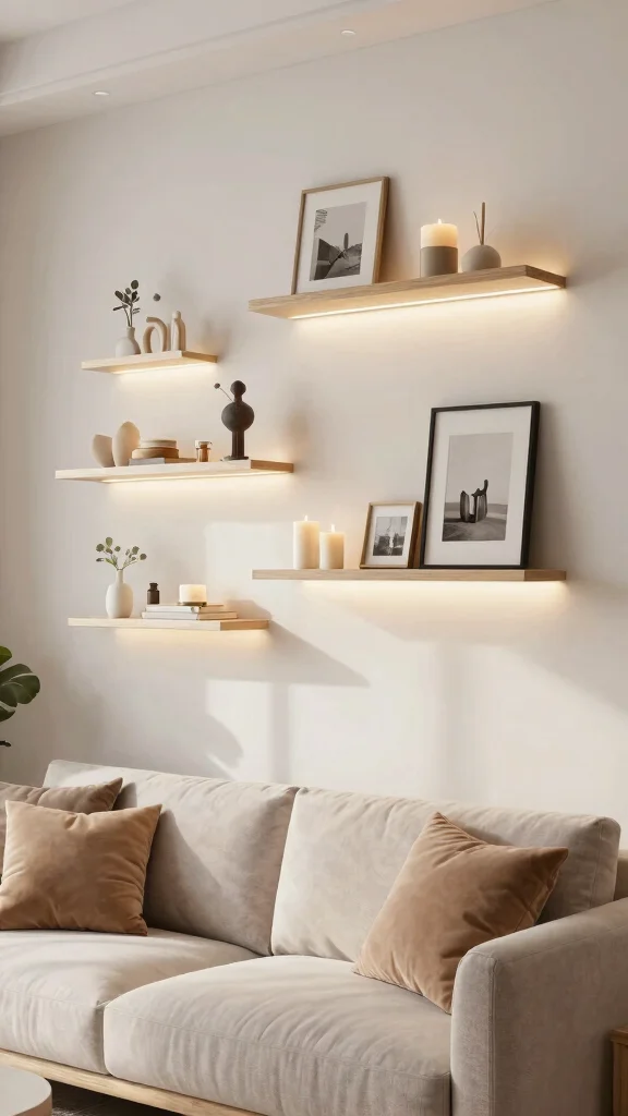 14 Above-Couch Shelf Ideas for a Balanced Beautiful Living Room Wall - 6. Decorated Floating Ledges 1