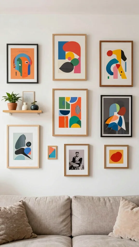 14 Above-Couch Shelf Ideas for a Balanced Beautiful Living Room Wall - 7. Gallery Wall with Shelves 1