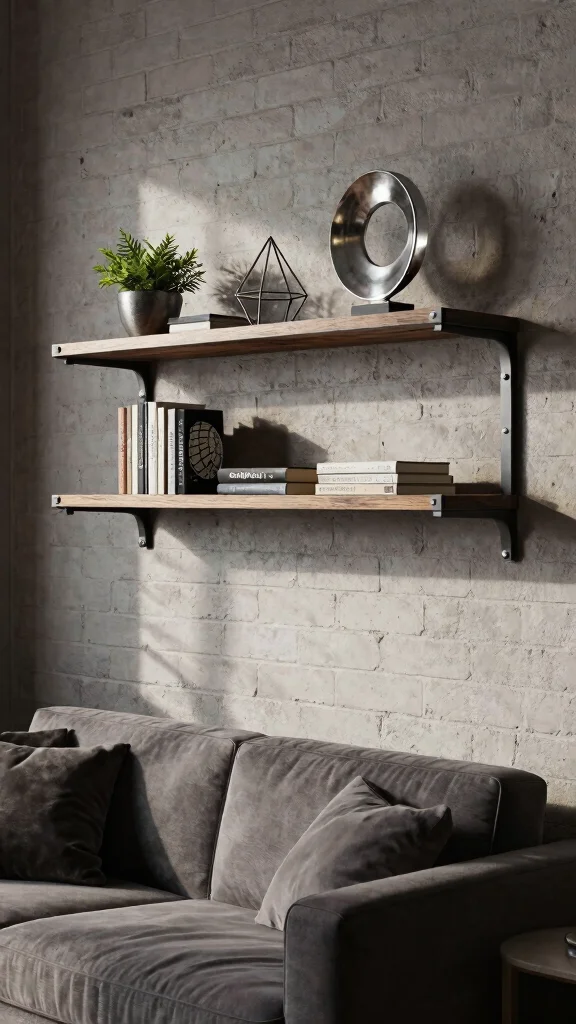14 Above-Couch Shelf Ideas for a Balanced Beautiful Living Room Wall - 8. Industrial-Style Shelving 1