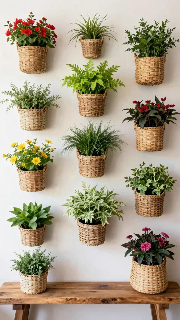 14 Five Basket Wall Display Ideas for a Lush Layered Boho Wall - 12. Vertical Gardens 1