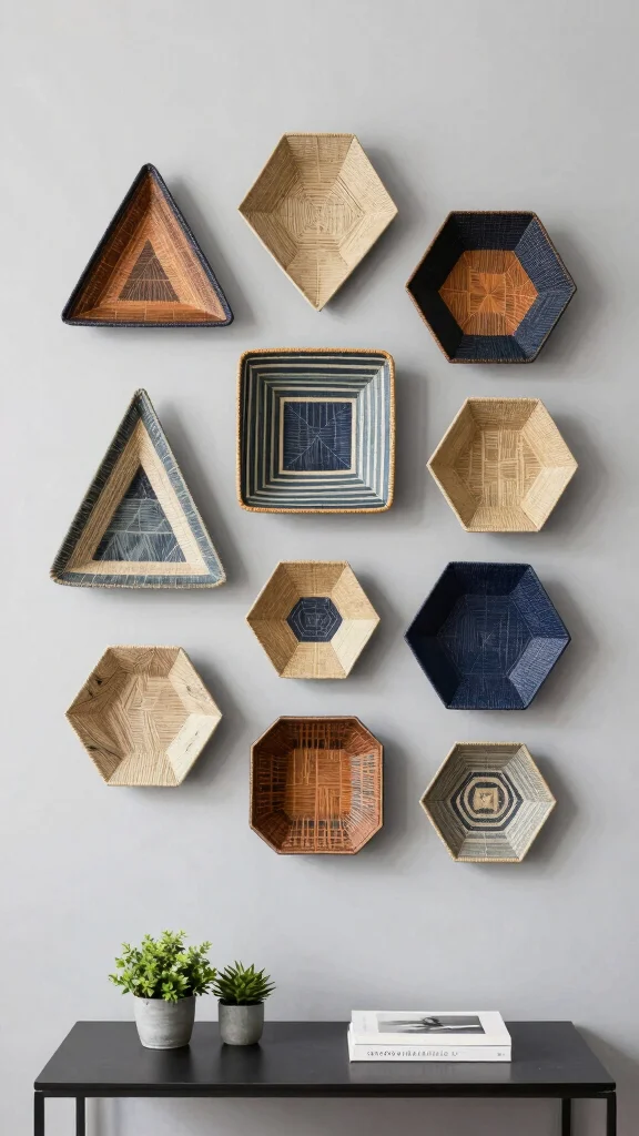 14 Five Basket Wall Display Ideas for a Lush Layered Boho Wall - 4. Geometric Shapes 1