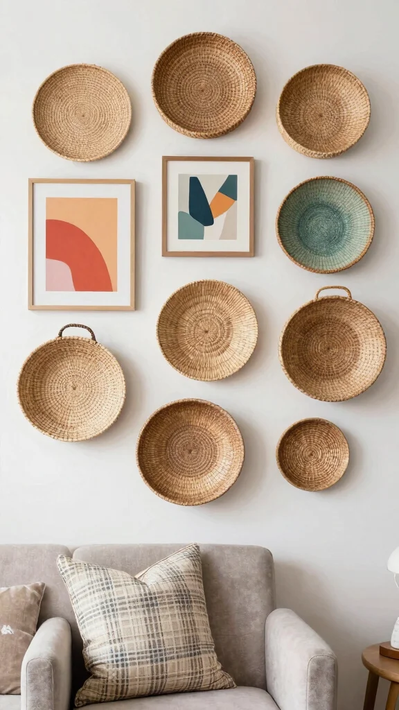 14 Five Basket Wall Display Ideas for a Lush Layered Boho Wall - 6. Incorporating Art 1