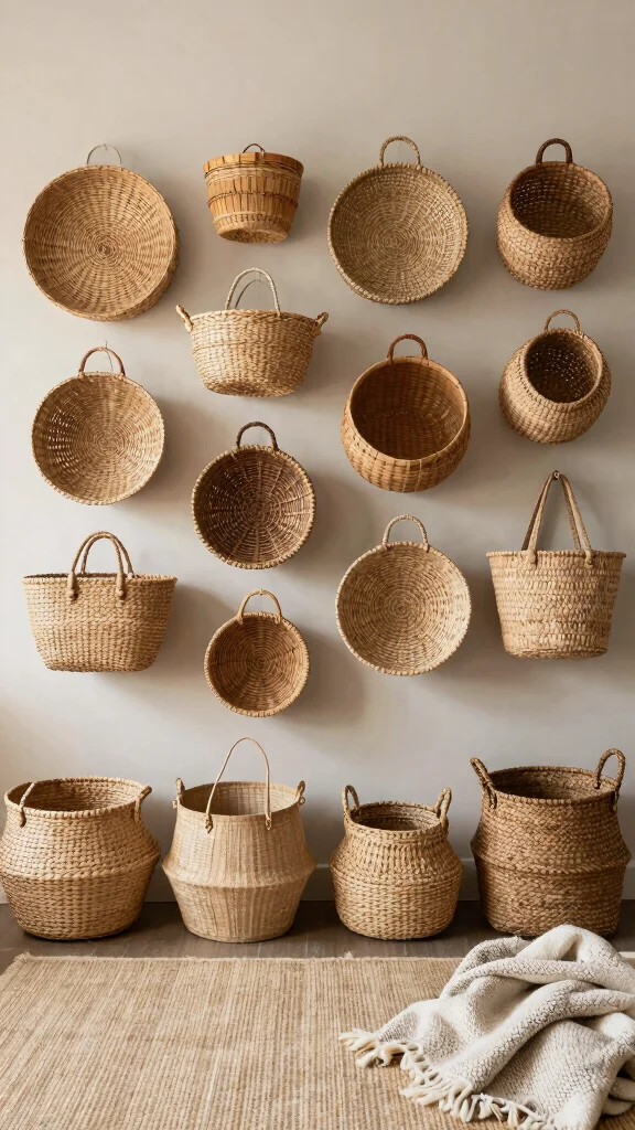 14 Five Basket Wall Display Ideas for a Lush Layered Boho Wall - 7. Layering Textures 1