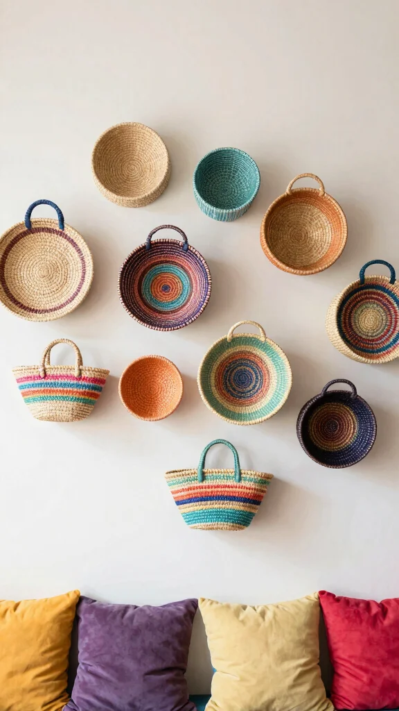 14 Five Basket Wall Display Ideas for a Lush Layered Boho Wall - 9. Colorful Accents 1