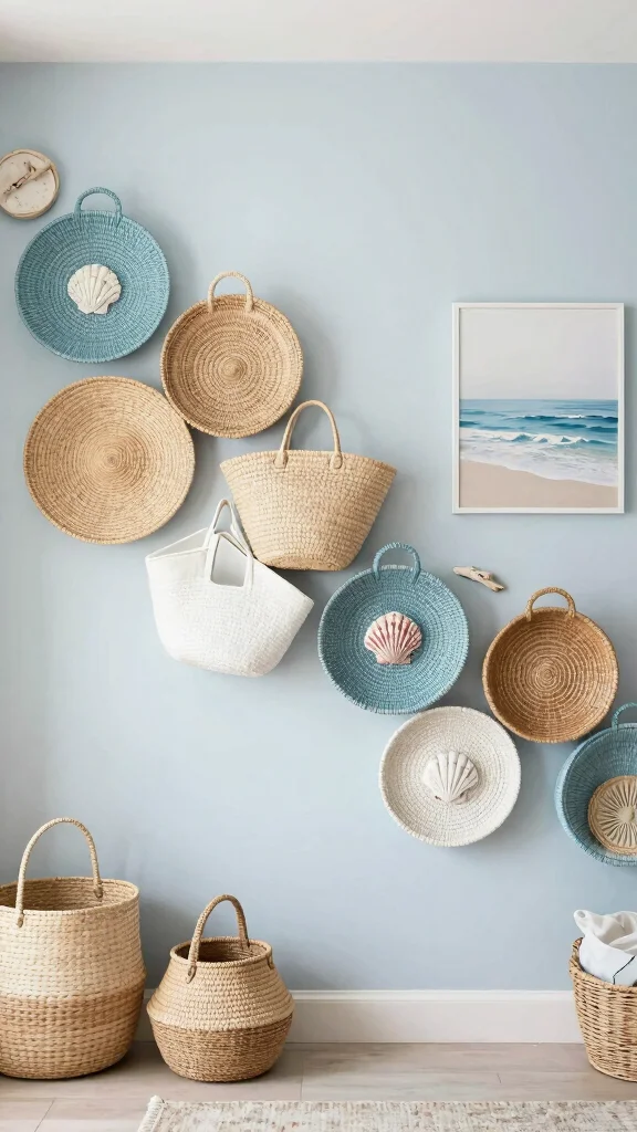 14 Four Basket Woven Wall Display Ideas for a Layered Textured Look - 11. Coastal Vibes 1