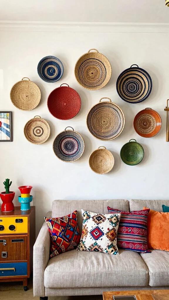 14 Four Basket Woven Wall Display Ideas for a Layered Textured Look - 13. Eclectic Mix 1