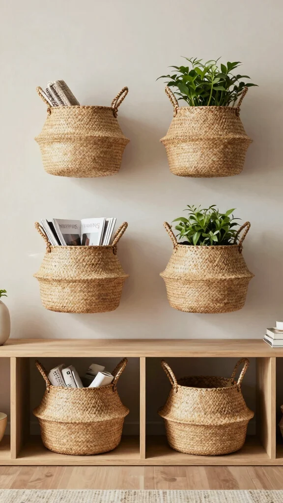 14 Four Basket Woven Wall Display Ideas for a Layered Textured Look - 14. Functional Art 1
