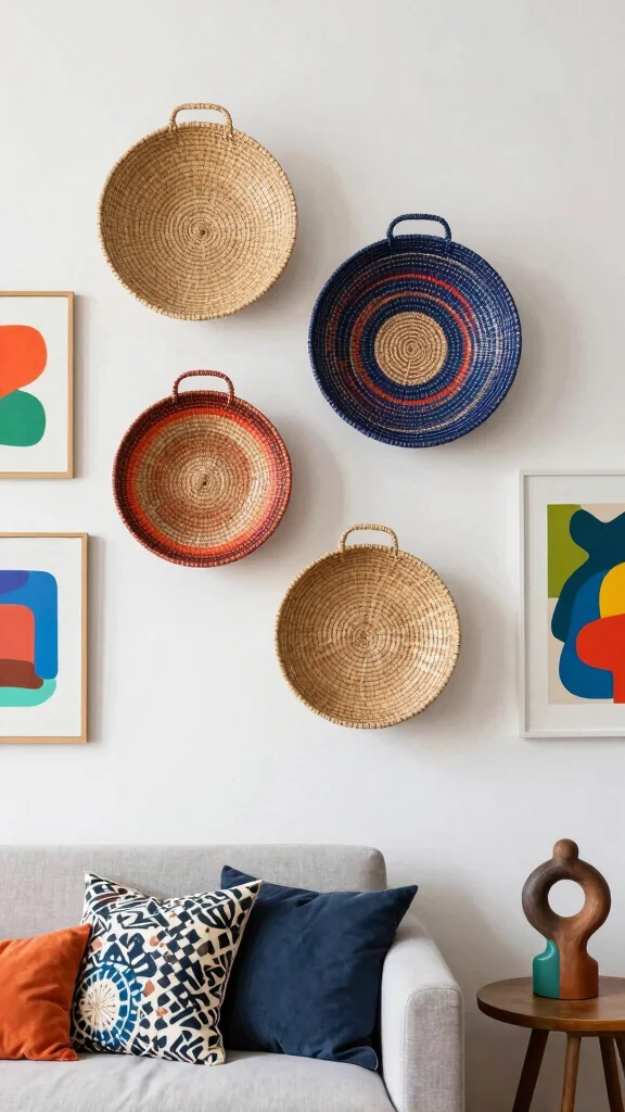 14 Four Basket Woven Wall Display Ideas for a Layered Textured Look - 7. Artistic Expression 1